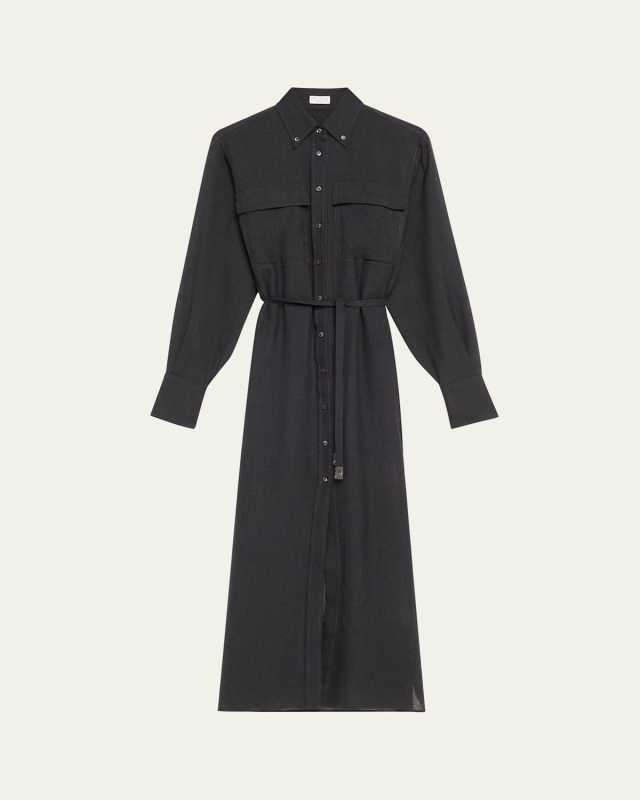 Long Wool Gauze Shirt Jacket Dress with Waist Tie